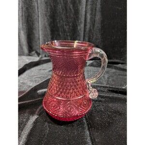 Vintage 70's Cranberry Pilgrim Glass Pitcher w/ Clear Handle Bennington Pattern